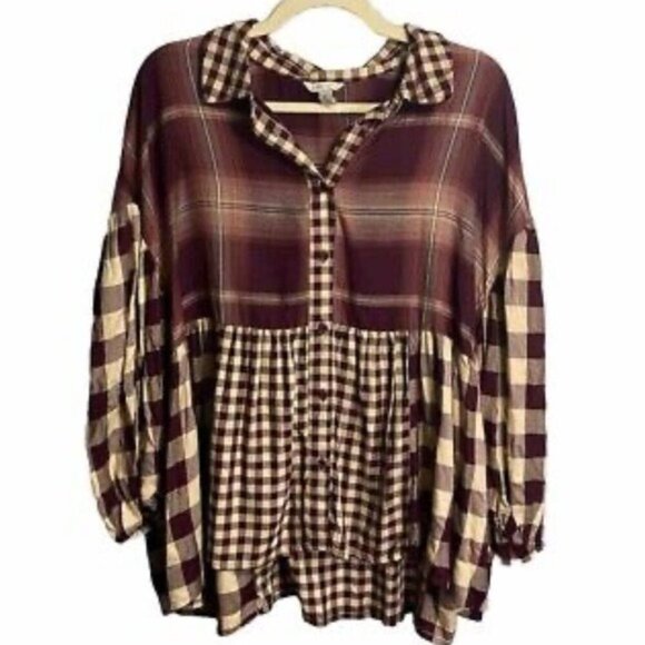 Cato Women’s Hi-low Checkered Plaid Layered Button Up Blouse Maroon Size 24W - Picture 1 of 10